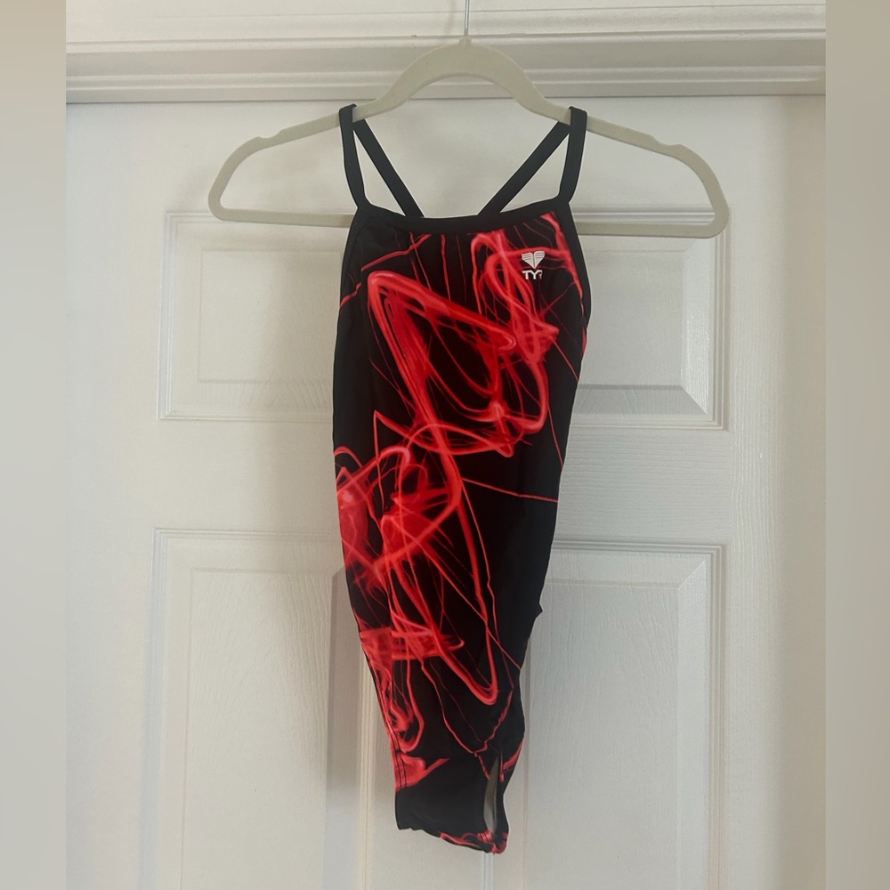 TYR Black Swimsuit with Red Accent Print
